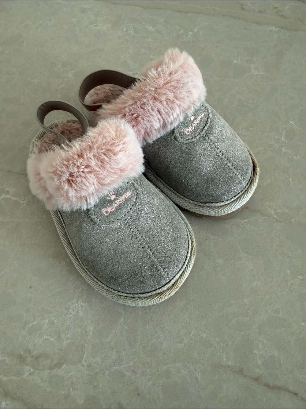 BearPaw Kids Grey Slip-On Shoes with Pink Faux-Fur Collar